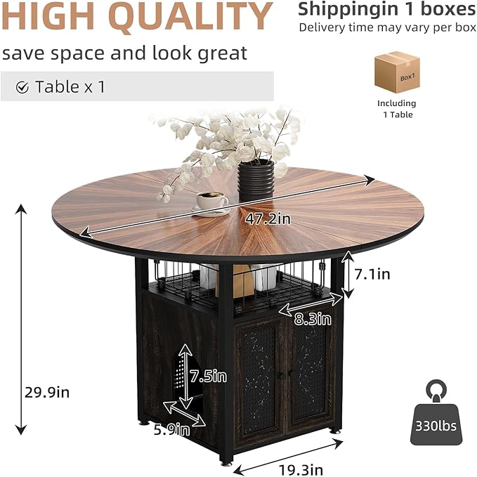 VFK 47" Round Dining Table Set for 4-6 People, Solid Wood & Metal Table with Storage Shelf, Walnut Kitchen & Dining Room Furniture (Cat Table)