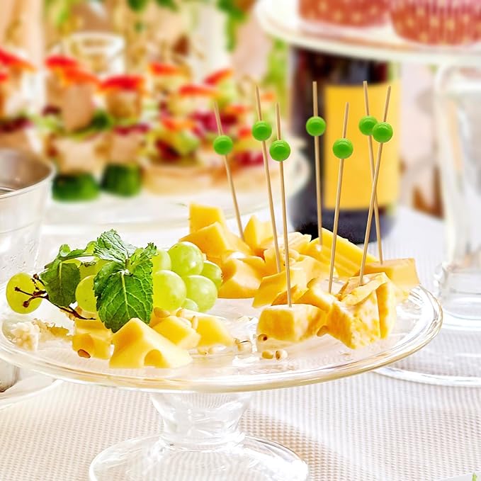 Minisland Grass Green Pearl Cocktail Picks, 4.7 Inch Long Bamboo Fancy Toothpicks for Appetizers, Decorative Spring Summer Holiday Party Food Drink Garnish Fruit Kabob Skewer Sticks 100 Counts -MSL453