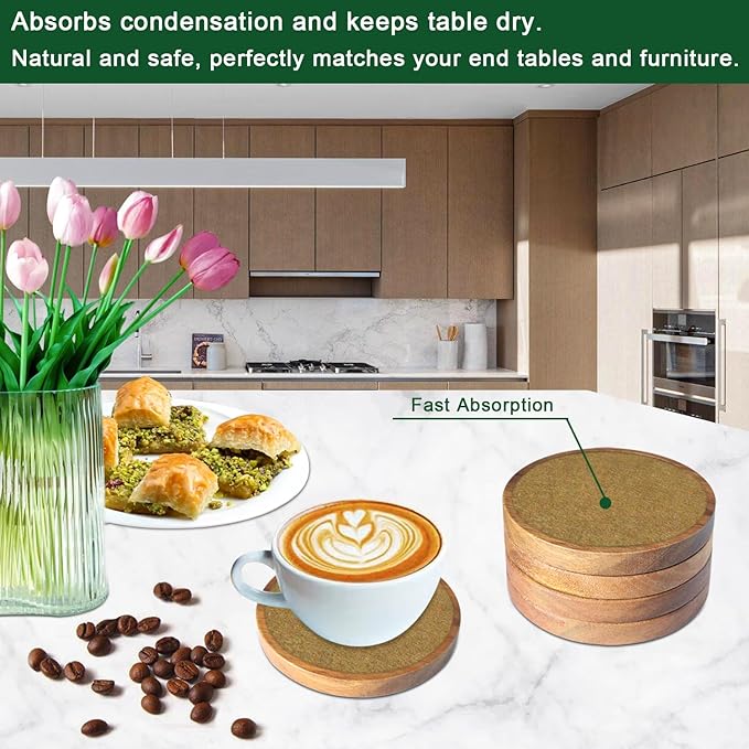 5 Pack Coasters for Drinks Absorbent, Wood Coasters with Felt Pads, Drink Coasters for Coffee Tabletop Protection, Non-Slip, Non-Stick, Suit for Kinds of Cups 4.3 inch Brown