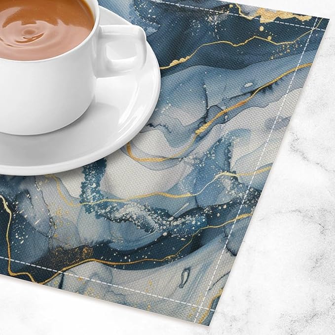 Marble Linen Place Mats Set of 4, 12x17 Inch Modern Abstract Foil Stone Texture Gold Navy Blue Marble Washable Fabric Non-Slip Placemats for Home Dining Table Banquets Party Kitchen Decoration