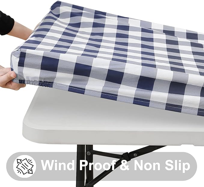 Smiry Rectangle Picnic Table Cloth, Elastic Waterproof Fitted Vinyl Tablecloths, Flannel Backed Buffalo Plaid Table Covers for Dining, Camping, Outdoor (White and Navy, 36" x 96")