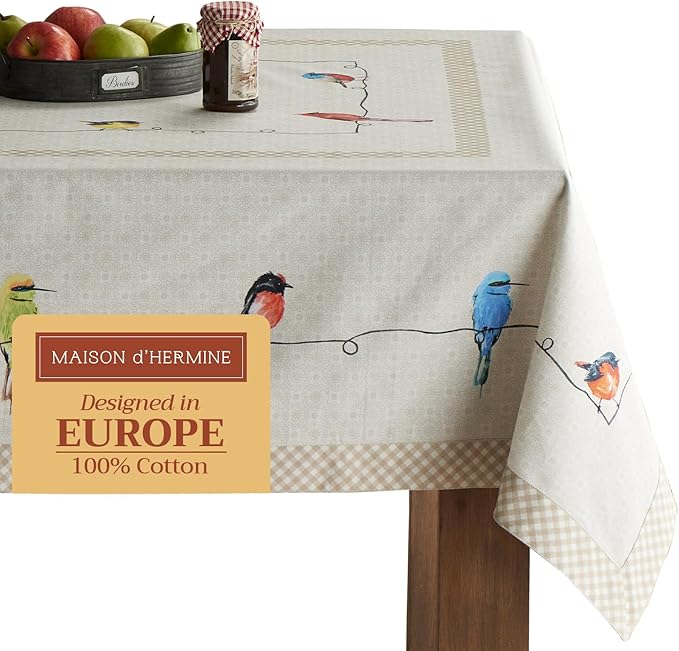 Maison d' Hermine Table Cloth Rectangle Table 100% Cotton 70 x 90 Inches Tablecloth Reusable Decorative for Dining Room Farmhouse Home Valentines Day Decorations Spring Summer - Birdies on Wire