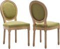 Vintage French Dining Chairs Set of 2, Round Back Upholstered Accent Chairs in Linen Fabric with Solid Wood Frame, Farmhouse Sillas de Comedor for Dining Room & Kitchen, Olive Green