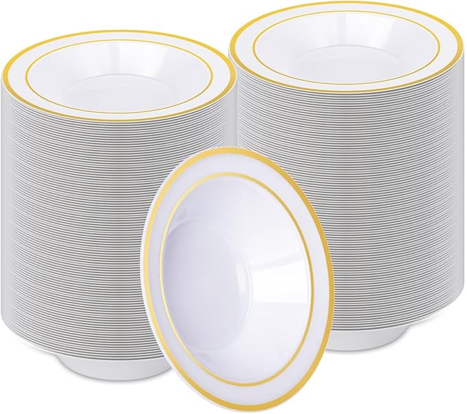 BESTVIP 200 Pack Plastic Bowls with Gold Rim, 12 Oz Disposable Bowls Disposable Bowls for Parties, Wedding, Christmas, Soak Proof Bowls for Breakfast, Lunch, and Dinner Meals