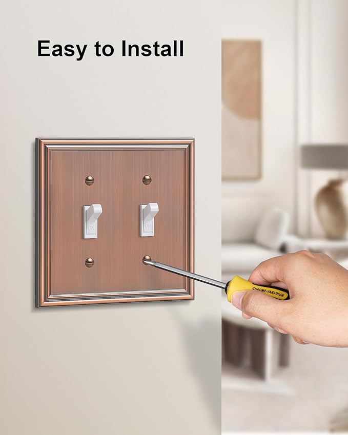 2-Pack Double Toggle Light Switch Cover Plate, Durable Solid Zinc Alloy Decorative Dual Switch Plate Covers, Antique Copper 2 Gang Wall Plate, Corrosion Resistant
