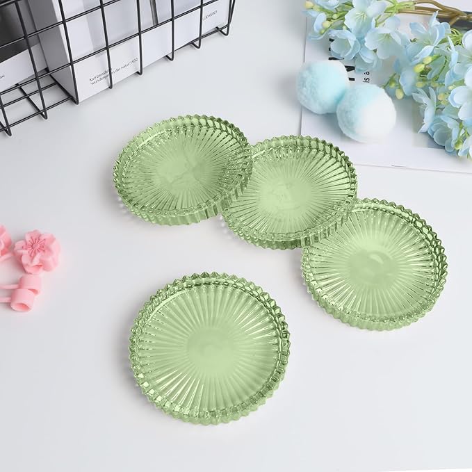 Glass Coasters Set of 4 for Drinks, Round Modern Set with Raised Edge Lip, Decorative & Aesthetic for Dining Table, Living Room, Office Desk