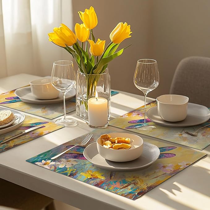 Dragonfly Placemats Set of 4, Dragonfly Flower Table Mats, Floral Washable Place Mats for Coffee Bar Home Party Indoor Kitchen Dining Table Decoration 12x18 Inch