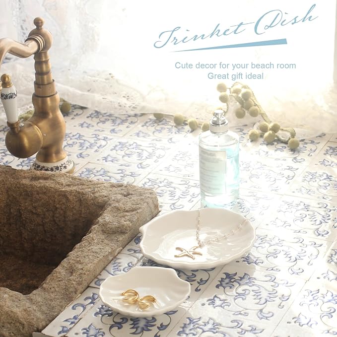Shell Ring Dish Tray, Ceramic Jewelry Tray Trinket Dish, Seashell Key Holder Bowl, Beach Room Coastal Decor Aesthetic, Ocean Bathroom Counter Decor, White, Small