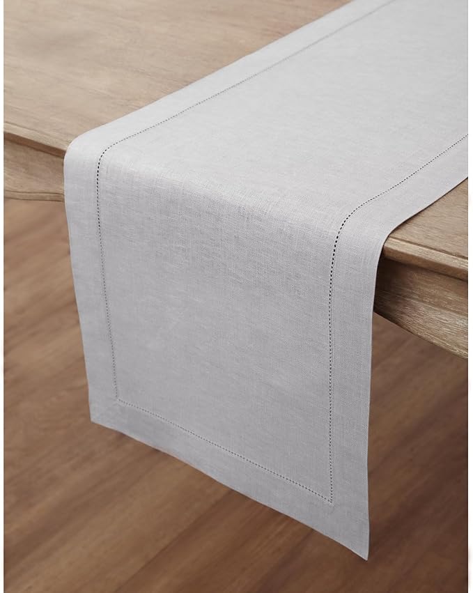 Solino Home Linen Soft Grey Table Runner 36 Inches - Classic Hemstitch, 100% Pure Linen Coffee Table Runner 14 x 36 Inch Ideal for Dresser Tables - Winter, Spring, Easter
