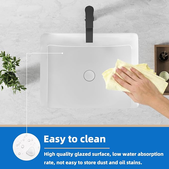 20 Inch Rectangle Undermount Bathroom Sink 19.5" X 15.9" Under Counter Vanity Sink Opening Size 17.5" x 13.78" White Porcelain Basin Sink Lavamanos Para Baños KINGWONG
