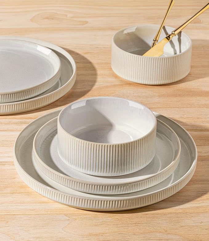 TheTerra Ceramic Dinnerware Sets for 8, 24 Pieces Porcelain Lightweight Plates and Bowls Sets, Scratch Resistant Dish Set, Oven & Microwave & Dishwasher Safe, Cappuccino White