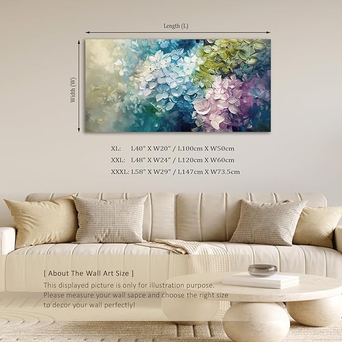 ADJUVANT Wall Art Impressionist Colorful Hydrangea 48" L x 24" W, Vibrant Hydrangea Blooms Canvas Painting Lush Petals Artwork Prints Floral Wall Decor for Living Room Bedroom Dining Room Home Office