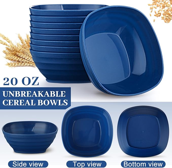 Gejoy 64 Pcs Unbreakable Cereal Reusable Wheat Straw Lightweight Bowls Microwave and Dishwasher Safe Soup Fiber Bowls for Kitchen Serving Salad Rice Snacks (Blue)