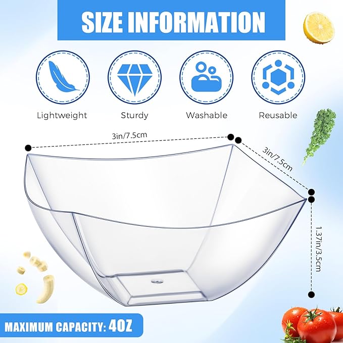 Tanlade 50 Pcs Square Plastic Serving Bowls Disposable Snack Salad Bowl Small Party Candy Bar Containers Taco Bar Serving Dishes for Buffet Chips Fruit(4 oz,Clear)