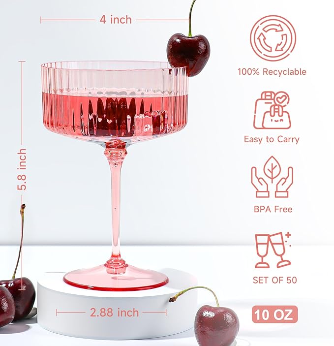 XUWAIDSGN 50 Pcs Champagne Martini Glasses 9 Oz with Gilded Removable Gold Rim Coupe Glasses Pink Martini Glasses Plastic Mimosa Vintage Coupe Glasses Set For Wedding Anniversary (50, Ribbed Pink)