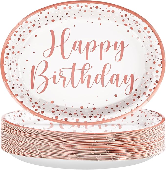 Grencian 50Pcs Pink Rose Gold Birthday Plates 10" x 12.5" Oval Paper Plates Disposable 400GSM Oval Paper Tableware Pink Dots Dinnerware for Girls Women Rose Gold Birthday Party Decorations