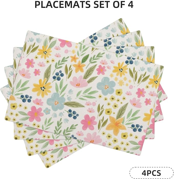 Yellow Pink Blue Floral Spring Placemats Set of 4, 12x18 Inch Watercolor Flower Decorative Table Mats Summer Seasonal Holiday Table Placemats for Party Home Kitchen Dining Table Decoration