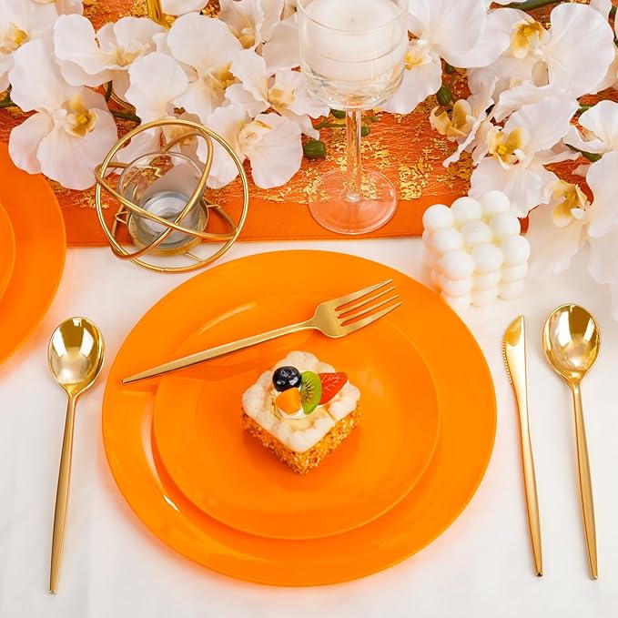 PULOTE 100PCS Orange Plastic Plates - Premium Hard Orange Disposable Include 50 Each(10.25 Inch Dinner & 7.5 Inch Dessert) Plates, Ideal for Party