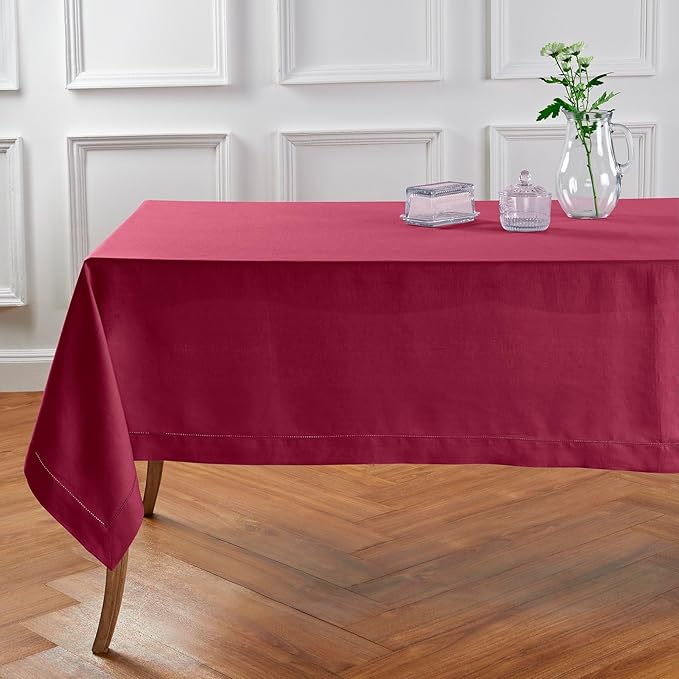 Solino Home Beet Linen Tablecloth 60 x 144 Inch - Classic Hemstitch, 100% Pure Linen Rectangular Tablecloth - Machine Washable Table Cloth for Valentines, Easter