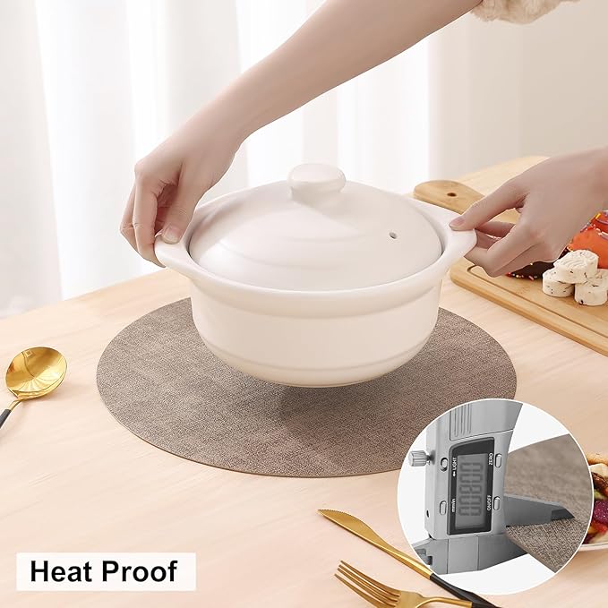 homing Round Faux Leather Placemat and Coaster 8 Packs, Washable Heat Resistant Dining Place Mats, Wipeable Double-Sided Table Mats for Indoor and Outdoor, Diameter 13 and 3.93 inch, Camel