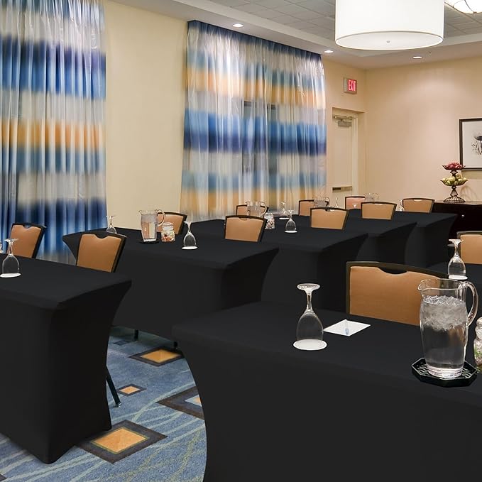 Spandex Table Cover for 6 foot Rectangle Tables-6 Pack Fitted Stretch Black Tablecloth-Elastic 6ft Folding Tablecloths for Party, Vendor Booth Display, Banquet Buffet Event, Craft Trade Show