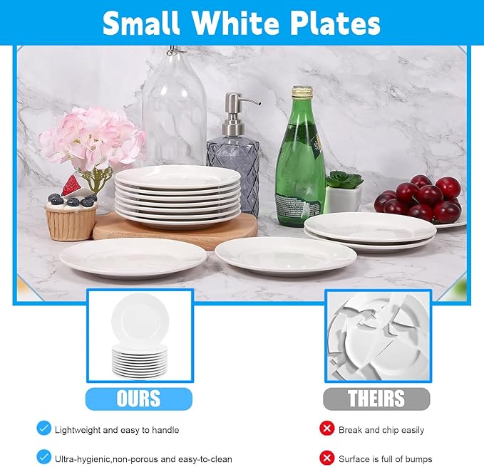 12 Pcs Porcelain Dessert Plates, 6 Inch White Appetizer Plates, Ceramic Salad Plate Set, Small White Plate for Appetizers Snack Cake Bread, Microwave Oven and Dishwasher Safe
