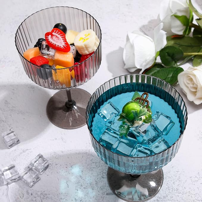 24 Pcs Ribbed Martini Glasses 10 oz Disposable Plastic Vintage Ribbed Coupe Glasses Unbreakable Dessert Parfait Glassware for Wedding Birthday Party Supplies (Black)