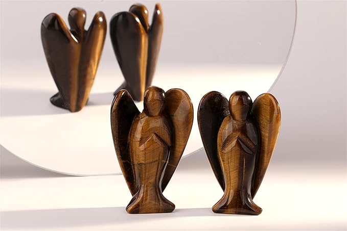 YATOJUZI 3" Tiger's Eye Angel Decor Big Hand-Carved Angels Guardian Sculpture Statue Figurines Natural Crystal Stones and Healing Crystals Cute Home Room Office Desk Decoration Wisdom Gifts for Women