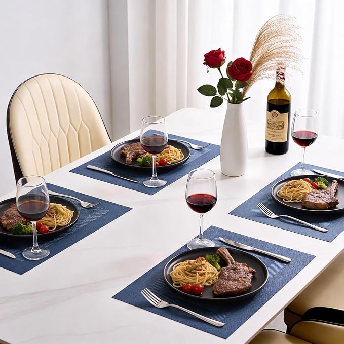 Timeet Blue Placemats Set of 8, Heat Resistant Non-Slip Place Mats, Durable Washable PVC Vinyl Woven Table Mats, Wipeable Placemats for Dining Table Easy to Clean