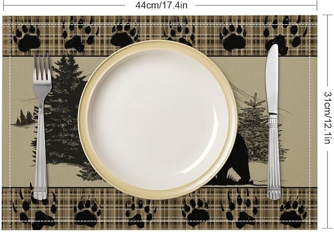 Retro Farmhouse Placemat Set, Rustic Brown Tartan Check Wildlife Bear Paw Silhouette Sketch Pine Tree Forest Pattern Home Decoration Linen Table Mats for Dining Room Kitchen Party (17x12in) x4P