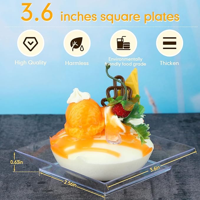 Nuogo 250 Pcs Square Clear Dessert Plates 3.6 Inch Appetizer Plates Disposable Square Party Trays Hard Mini Salad Tasting Sample Dish for Weddings, Parties, Banquet Dinner, Family Gatherings (Clear)