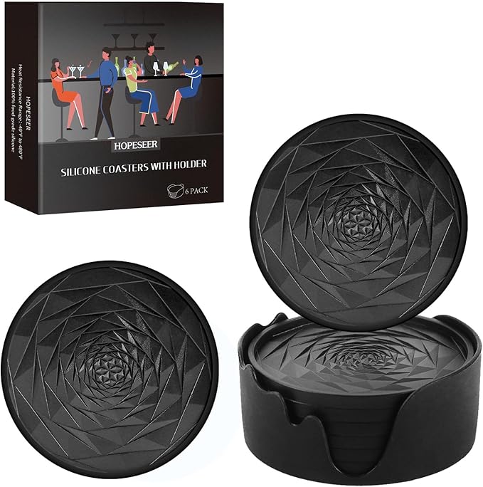 Silicone Coasters Set of 6 with Holder, Unique Rose Petal Design, Drink Coasters for Table Protection, Cup Mat for Hot-Cold Beverages, Modern Non-Slip, Non-Stick Design, Ideal Gift(6 Pack, Black)