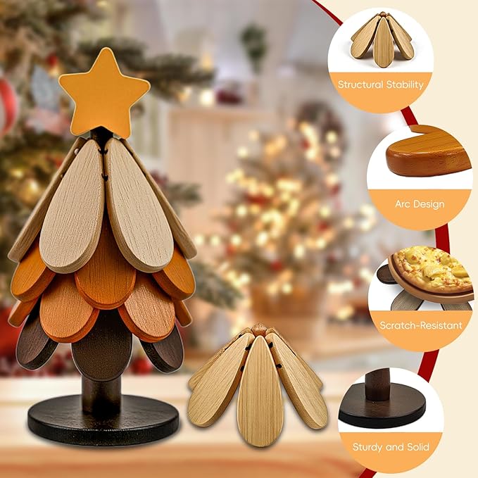 Wooden Trivets for Hot Dishes, Wooden Tree Trivet Set, Natural Tree Trivet Set - Foldable Wooden Tree Coasters for Kitchen Counter, Hot Pots and Pans, Heat Resistant Table Protectors