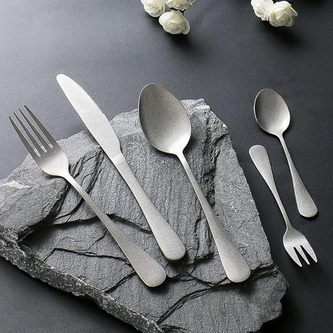 Matte Silverware Set for 8 Stainless Steel Flatware Set Vintage Style Delicate Cutlery Utensils 40 Piece Include Knives Forks and Spoons Tableware Set for Home Kitchen Wedding Restaurant