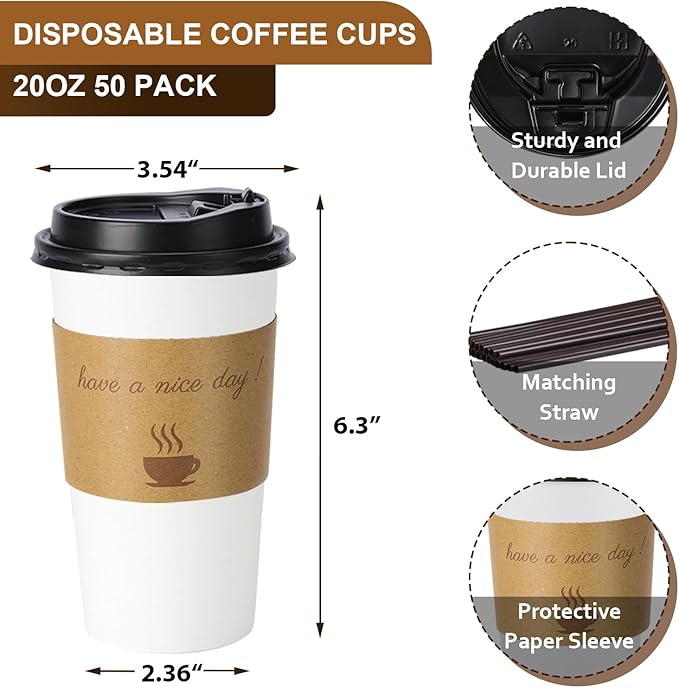 50 Pack 20 oz Disposable Paper Coffee Cups, Paper To Go Cups with Lids, Sleeve and Straw, Hot Paper Cups for Home, Office and Party (White 20oz)