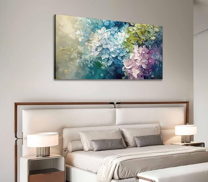 ADJUVANT Wall Art Impressionist Colorful Hydrangea 60" L x 30" W, Vibrant Hydrangea Blooms Canvas Painting Lush Petals Artwork Prints Floral Wall Decor for Living Room Bedroom Dining Room Home Office