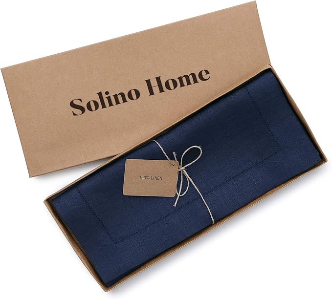 Solino Home Linen Navy Blue Table Runner 60 Inches - Classic Hemstitch, 100% Pure Linen Coffee Table Runner 14 x 60 Inch Ideal for Dresser Tables - Easter