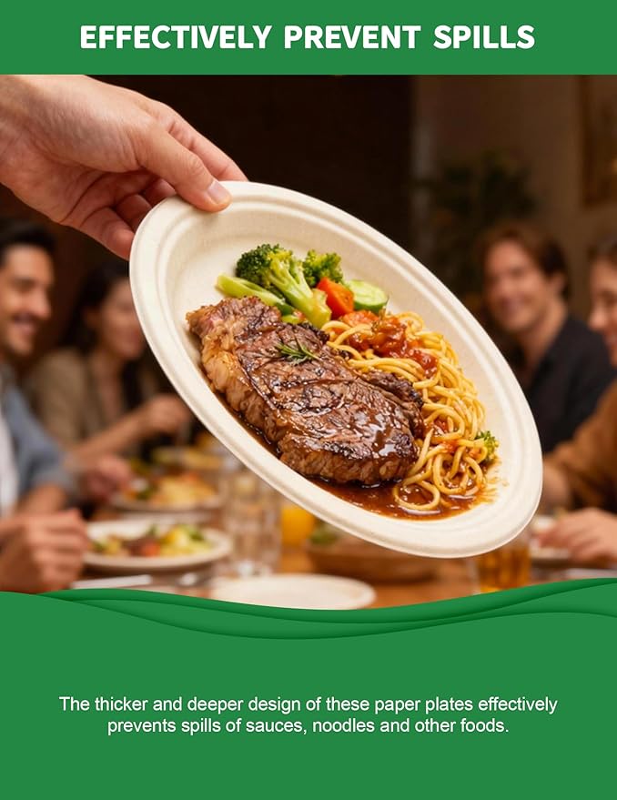 100% Compostable 10 Inch Large Paper Plates [100 Pack Bulk] - Heavy Duty & Leak-Resistant Disposable Plates Made of Sugarcane Bagasse | Perfect for Dinner, Catering, Parties, Wedding & Birthday