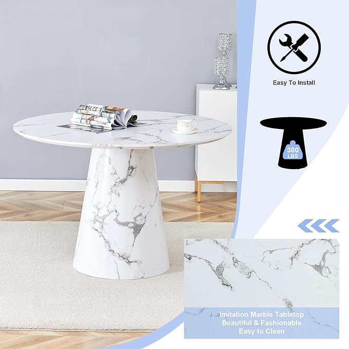 Round Dining Table Set for 4, 45" Modern Faux Marble Kitchen Table and Upholstered Chairs, 5 Piece Small Circle Dinette Set for Dining Room, Kitchen (White Set)