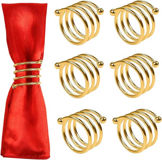 Gold Napkin Rings Set of 6, Metal Napkin Rings Dinner Napkin Holders for Cloth Napkins Thanksgiving Wedding Christmas Party Kitchen Table Decoration(6 Pcs Gold Spring)
