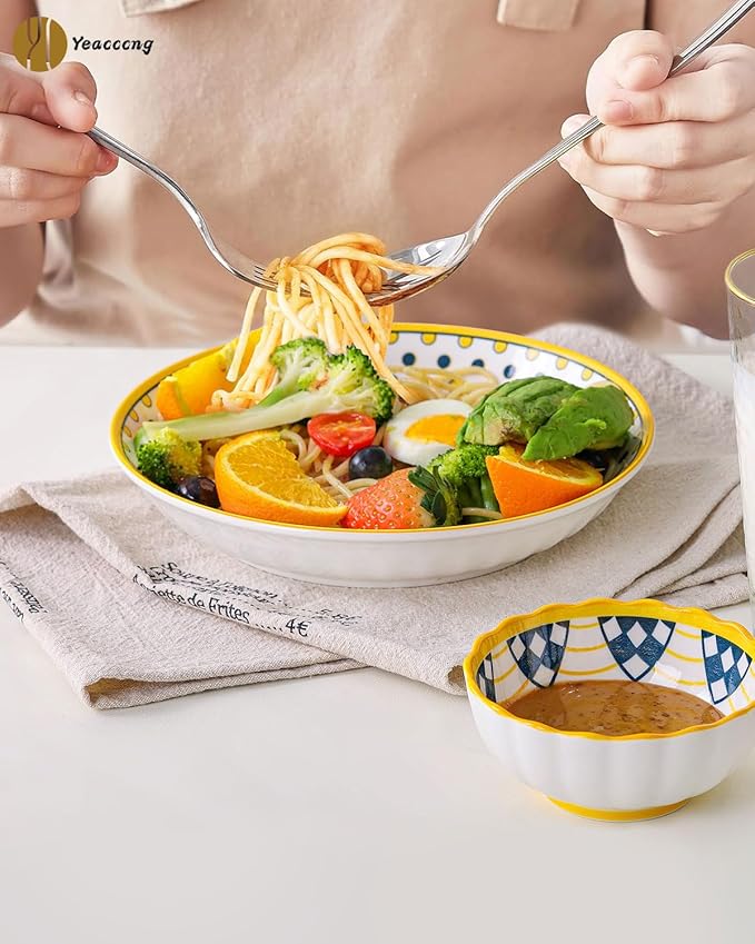 Yeacccng Pasta Bowls Set of 4, 24 Oz Ceramic Salad Bowls, 8 Inch Shallow Serving Bowls for Pasta, Salad, Oatmeal, Fruit, Easy to Clean, Dishwasher & Microwave Safe, Scratch-Resistant, Lead-Free