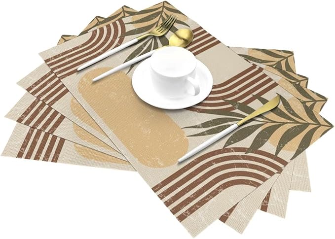 Mid Century Boho Arch Placemats Abstract Geometric Modern Aesthetic Rainbow Leaves Sun Washable Place Mats 12x18Inch for Dining Kitchen Farmhouse Decor 4 PCS