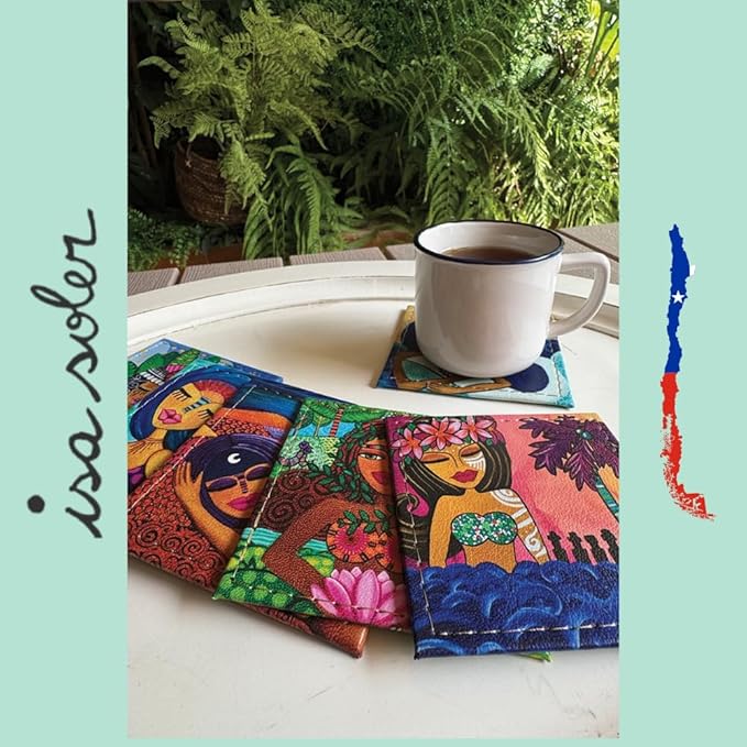 Square Coasters Set of 6, Drink Coaster Made in Chile with Colorful Design and Premium Materials, Beautiful Decor for Your Kitchen - Mujeres Naturales