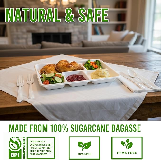 5 Compartment Compostable Heavy Duty Disposable Paper Plates, 300 Count | 10.3" X 8.3" | Natural Bagasse, White Biodegradable Eco-Friendly School Lunch, Buffet, Party Sugarcane Tray