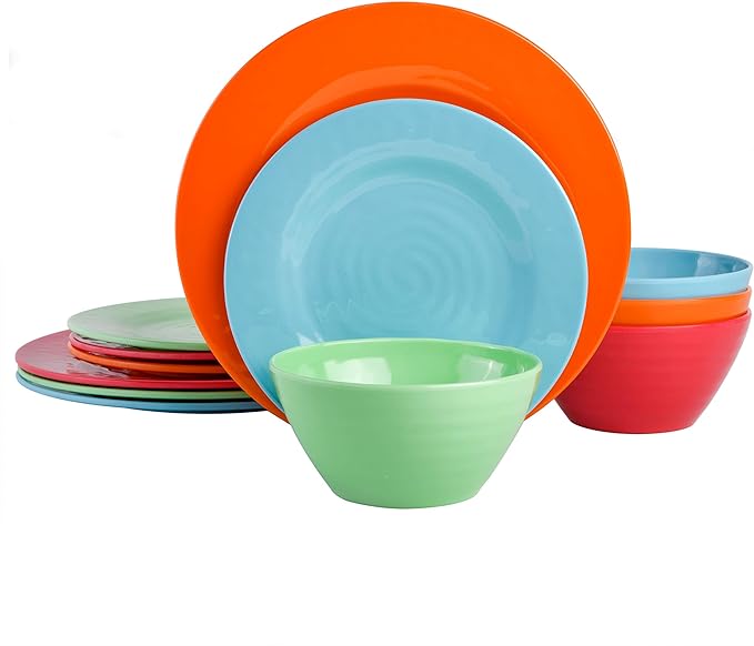 Gibson Home Brist Melamine Plastic Dinnerware Set, Service for Four (12pcs), Assorted II