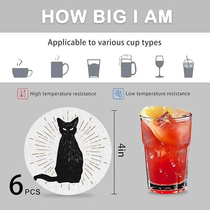 Coasters for Drinks Absorbent with Holder,Black Cat Sets of 6 Durable Cup Coaster for Coffee Table Protection,Great Housewarming Birthday Gifts,Home Decor