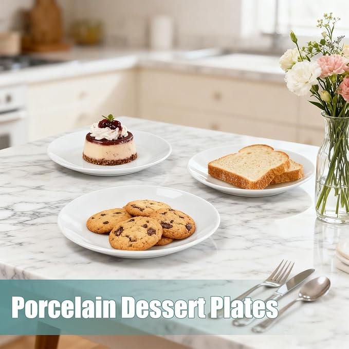 7 inch Appetizer Plates Set of 12, Small Dessert Plates, Mini Porcelain Serving Plate, Round Small Plate for Cake Snacks, Pasta, Portion Control, Microwave Dishwasher & Oven Safe(White)