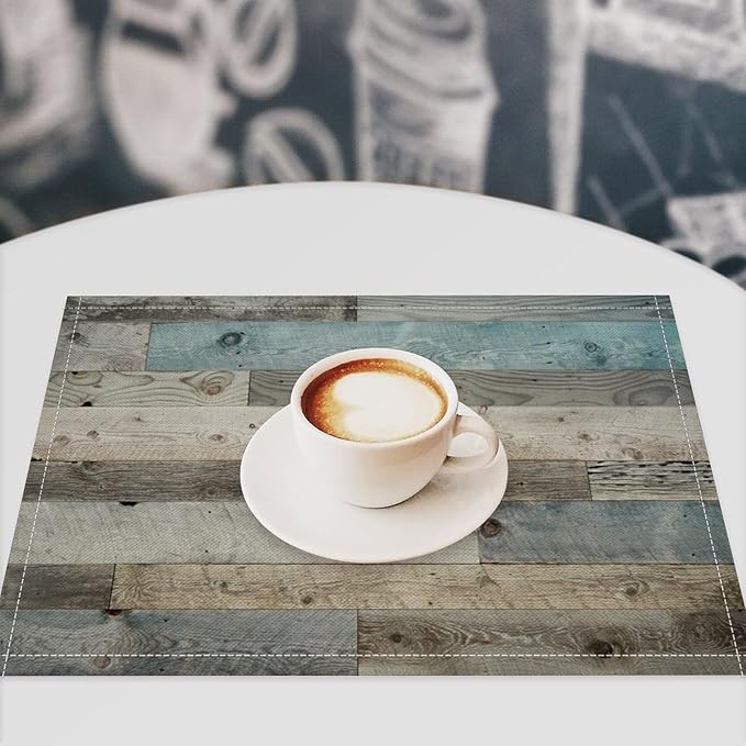 Rustic Plank Placemat Set, Vintage Old Shabby Colorful Beige Brown Blue Farmhouse Barn Wooden Board Pattern Home Decor Linen Table Mats for Dining Room Kitchen Party (17x12in) x6P