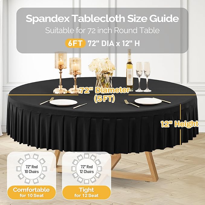1 Pack Black Spandex Round Tablecloths for 72in Table, Stretchy Fitted 6FT Round Table Cloths, Wrinkle Free Table Cover with Skirt for Wedding Birthday Party Bridal Shower Banquet