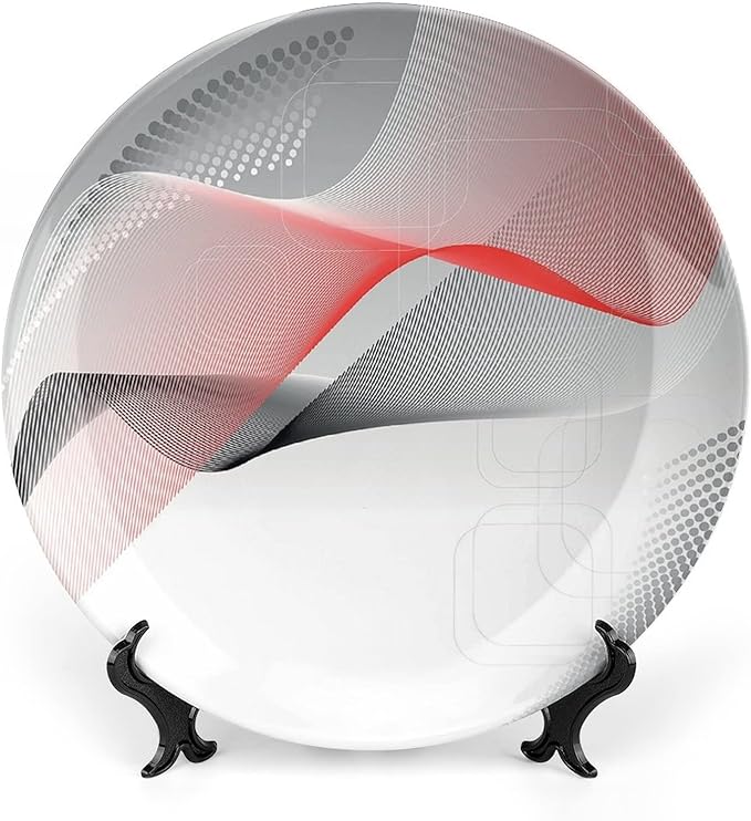 Decorative Plates, Abstract Print Ornament, Modern Geometric Squares Dots Curves Waves, 6 Inch, Kitchen Wall Decor, Red Grey Black